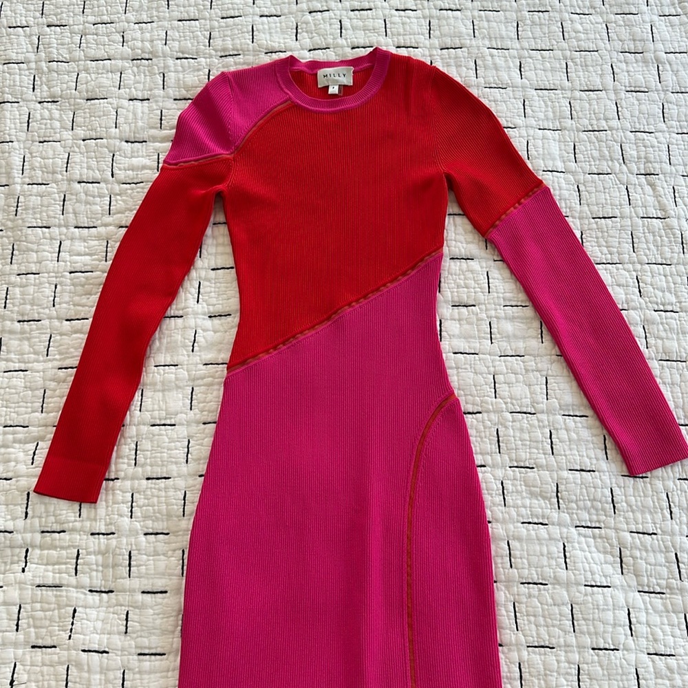 Milly Ribbed Color Blocked Bodycon Midi Dress. Excellent Condition.
